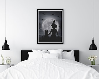 Halloween-kunstafdrukken heks en kat | Griezelig zwart-witdecor (digitale download)