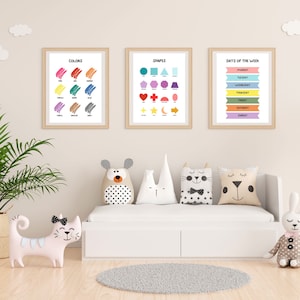 Conjunto de 6 carteles educativos, impresiones de habitaciones para niños, decoración del aula Montessori, impresiones de educación en el hogar, decoración de guardería, arte de pared para niños, arte de pared para niños