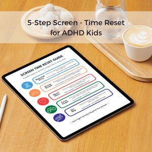 May include: A digital tablet displays a "Screen Time Reset Guide" with colorful icons and text, including "Waterfall Arms" and "Sunset Breath." The image also shows a cup of coffee, a glass of water, and a plate of white treats, all on a wooden surface.