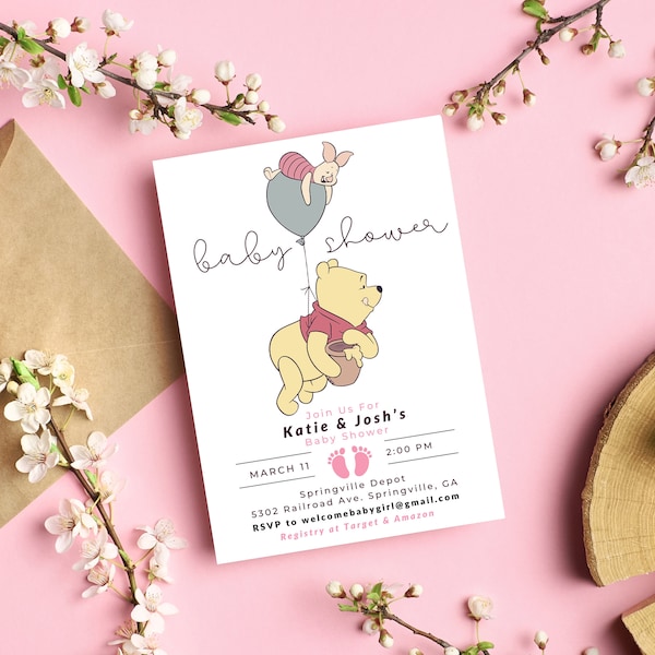 Classic Winnie the Pooh Baby Shower Invite/ Pooh and Piglet Invite / Editable Baby Shower Template / Digital Editable Canva Template