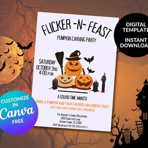 Può includere: Invito a tema Halloween con il testo "Flicker-N-Feast Pumpkin Carving Party". Il design include zucche, pipistrelli e una silhouette di casa infestata. L'invito è personalizzabile in Canva e scaricabile istantaneamente.