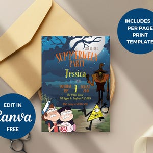 May include: Printable invitation for a Summerween party with a blue, green, and orange color scheme. The invitation features characters from the show Gravity Falls, including Dipper Pines, Mabel Pines, and Bill Cipher. The text on the invitation reads "Summerween Party" and "Jessica is turning 9".