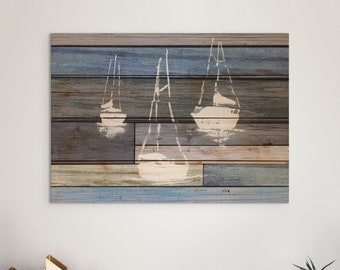 Blue Sailboats - Art on Wood