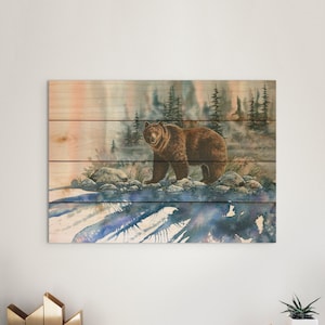 Bear Art Print on Wood / Office Wall Art / Pallet Home Decor / Grizzly Painting / Bear Watercolor Gift
