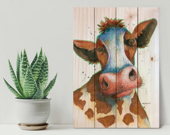 Cow Print on Wood Pallet - Watercolor Barnyard Painting - Indoor & Outdoor Safe Hanging Wall Art