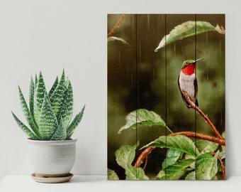 Hummingbird on Branch - Home Wood Wall Decor with Rainy Green Leafs - Living Room Art