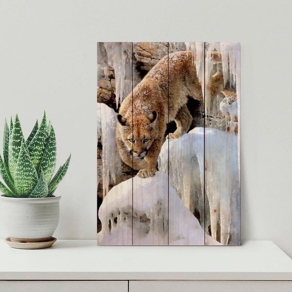 Cougar on Ice Painting - Wood Art Print Wall Decor - Hanging Art for Your Bedroom, Office, or Patio