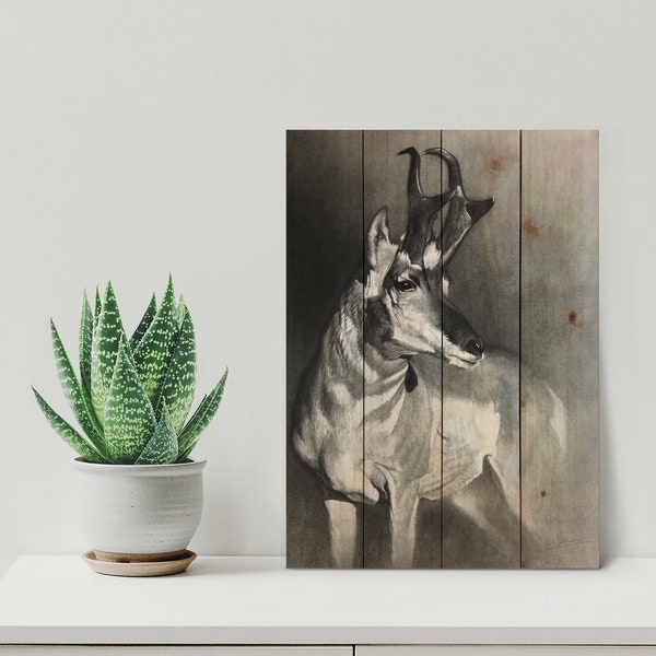 Perfect Pronghorn Charcoal Drawing Print on Wood Pallet - Indoor & Outdoor Safe Mountain Goat Wall Art - Nature Hanging Decor