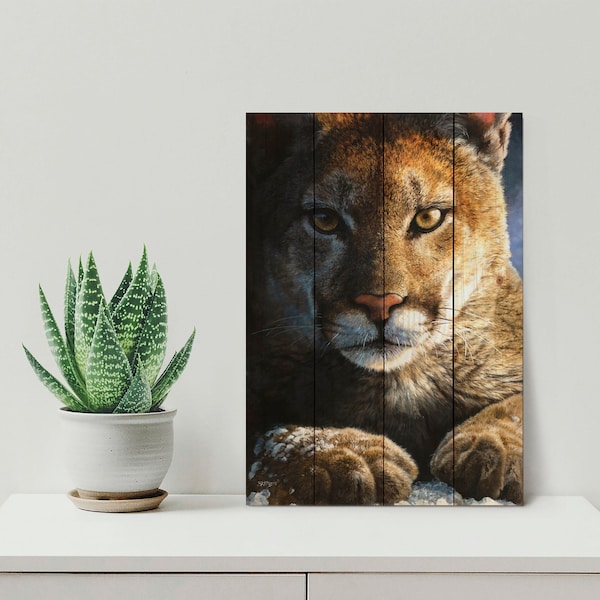 Cougar in Snow Painting - Wood Art Print Wall Decor - Hanging Nature Art for Your Bedroom, Office, or Patio