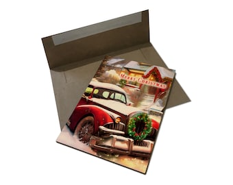 Retro Car and Wreath in Snow on Wooden Cards - Vintage Christmas Illustration - Multi-pack, Blank Back, Envelopes Included