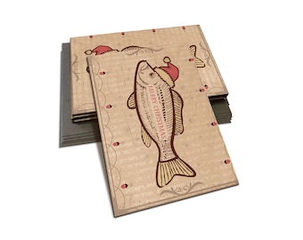 May include: A stack of Christmas cards featuring a vintage illustration of a fish wearing a Santa hat. The card has a brown background with a white border and the text "Merry Christmas".