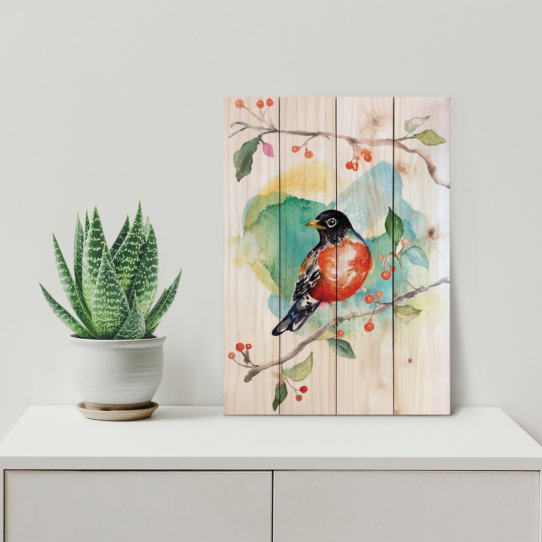 Robin & Berry Bird Watercolor Print on Wood. Indoor and - Etsy