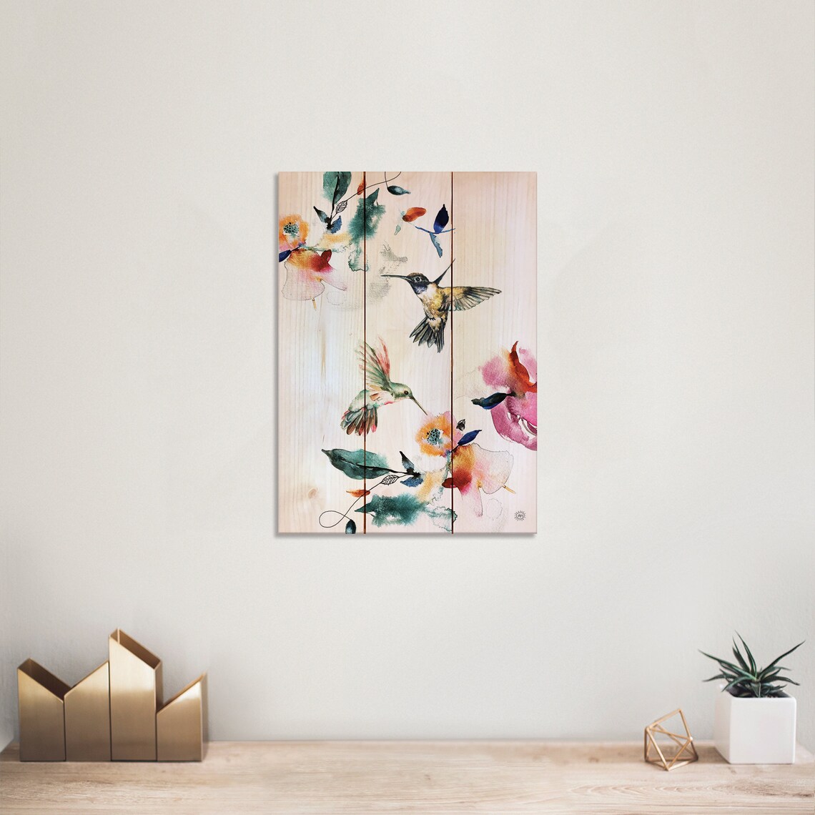 Two Colorful Hummingbirds & Flowers by Andrea Henning. Water - Etsy