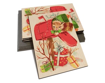 A Christmas Kitten in Mailbox Illustration - Fun Wood Holiday Cards - Multi-pack, Blank Back, and Envelopes Included