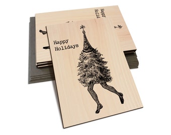 Christmas Tree with Legs - Wooden Cards with "Happy Holidays" - Multi-pack, Blank Back, Envelopes Included