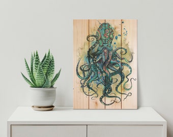 Colorful Blue Octopus / Ocean and Nautical Wood Art /  Beach House Decor