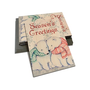 Two Holiday Polar Bears on Wooden Cards - Season&#39;s Greetings - Multi-pack, Blank Back, Envelopes Included