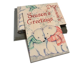 Two Holiday Polar Bears on Wooden Cards - Season's Greetings - Multi-pack, Blank Back, Envelopes Included