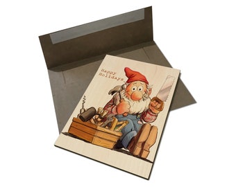 Fun Holiday Wood Cards - Fix It Elf Wishing You Happy Holidays - Multi-pack, Blank Back, and Envelopes Included