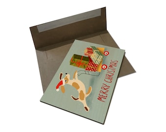 Cute Merry Christmas Puppy & Presents Illustration on Wood Holiday Cards - Multi-pack, Blank Back, Envelopes Included