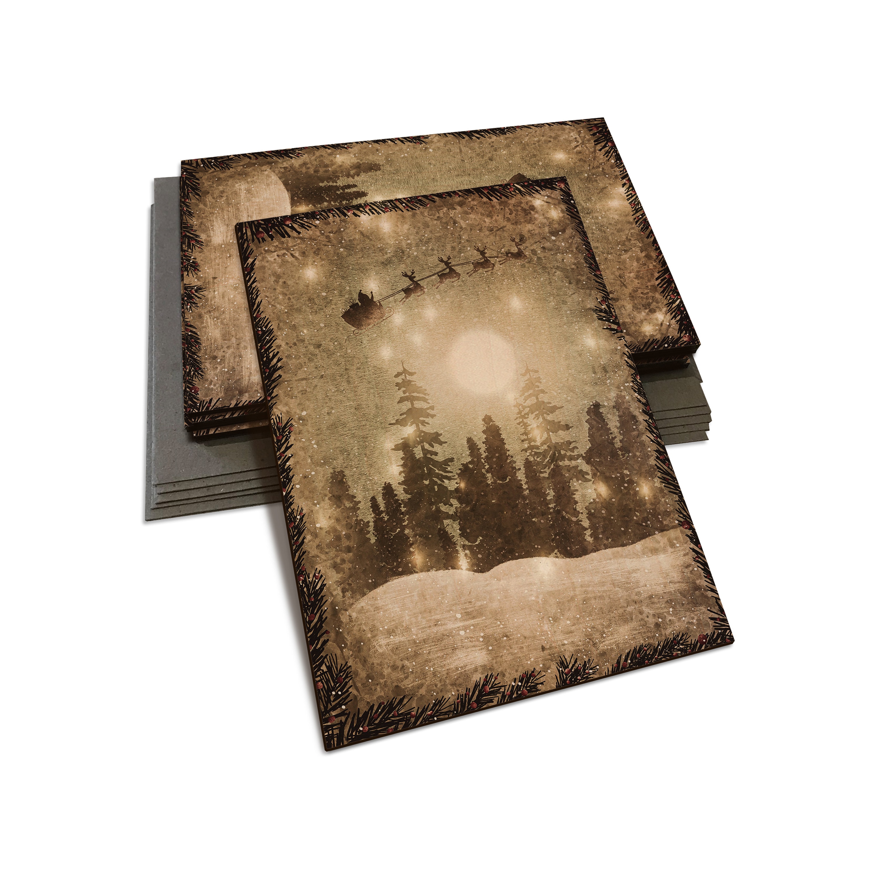 1920's Retro Christmas Card on Wood! Santa Flying His Sleigh Art - Multi-pack, Blank Back, & Envelopes Included