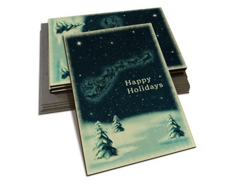Vintage Santa & Sleigh Christmas Wood Cards - "Happy Holidays" - Multi-pack, Blank Back, Envelopes Included