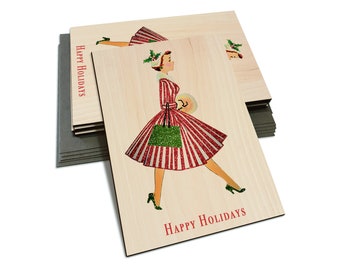 Retro Happy Holiday Lady Illustration on Wood Christmas Cards - Multi-pack, Blank Back, Envelopes Included