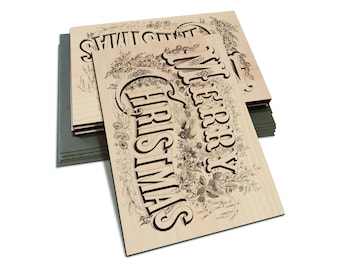 Merry Christmas Banner Illustration on Wood Cards - Holiday Drawing - Multi-pack, Blank Back, Envelopes Included