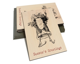 Line Art Skeleton Santa with Wine on Wood Cards - "Season's Greetings" - Multi-pack, Blank Back, Envelopes Included