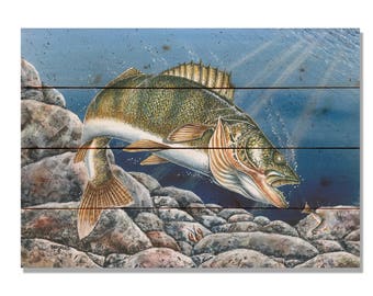 May include: A wooden panel featuring a detailed illustration of a walleye fish leaping out of the water. The fish is depicted with realistic scales and fins, set against a blue background with rocks. The artwork captures a dynamic fishing scene.