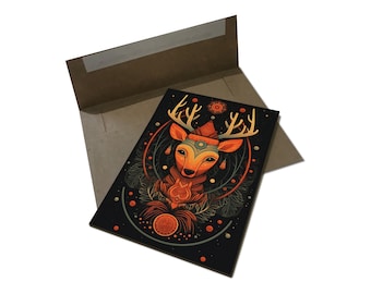 Zen Reindeer Christmas Illustration on Wood Cards - Multi-pack, Blank Back, Envelopes Included