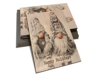 Fun Holiday Wood Cards - A Winter Gnome Couple Wishing You Happy Holidays - Multi-pack, Blank Back, and Envelopes Included