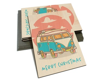 Retro Van Christmas Illustration - Wooden Cards - Multi-pack, Blank Back, Envelopes Included