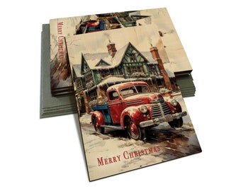 Merry Christmas Pickup Truck on Wood Holiday Cards - Retro Car - Multi-pack, Blank Back, Envelopes Included