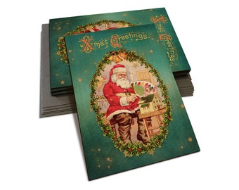 Santa & Wreath Illustration on Wood Cards - Multi-pack, Blank Back, Envelopes Included