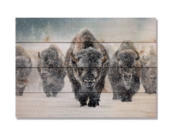 Winter Bison Herd - Art on Wood