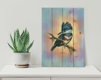 Colorful Bird Watercolor Print on Wood - Kingfisher Home Decor & Outside Wall Art