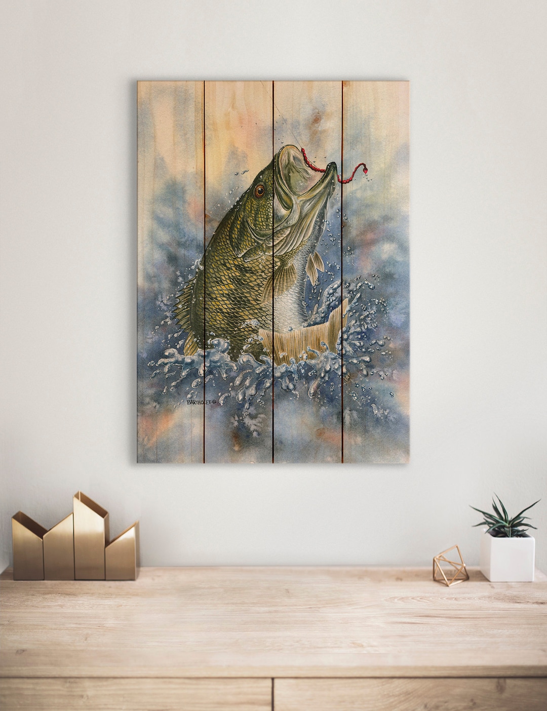 Bucket Mouth Wall Art Print on Wood Fishing Home Decor Watercolor Bass Wall  Hanging Poster 