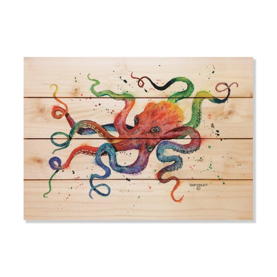 Octopus Art Print On Wood Wood Wall Art Pallet Wall Art Etsy