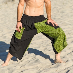 Men&#39;s Bohemian Clothing, custom apparel, ninja shorts, green shorts, burning man shorts, burner clothing for men, long shorts, baggy pants