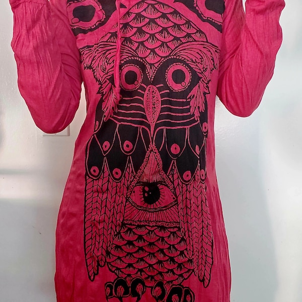 Robe à capuche imprimée hibou pour femme, tenue de plage bohème, tunique imprimée, robe de yoga. 100 % coton.