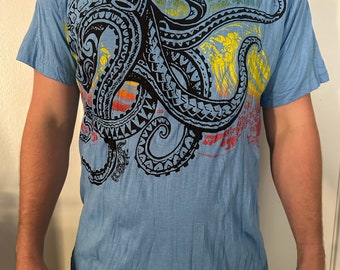 Heren-T-shirt met octopusprint: lichtgewicht katoenen strandshirt