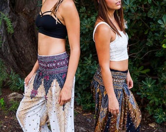 Peacock Feather Aladdin Pants: Boho Harem Trousers with Pockets