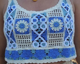 Crochet Boho Crop Top – Granny Square Patchwork Knit Camisole in Blue or Brown