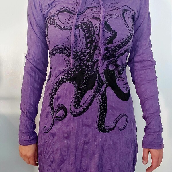 Women's Hoody, Octopus Pattern Blouse, Octopus Printed Hoody, Hoody Dress, Boho Cover up, Printed Tunic, Yoga Dress, Yoga Hoody Tunic Blouse