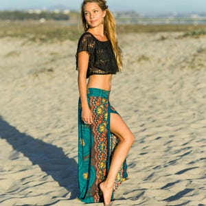 Boho Elephant Open Leg Pants • Turquoise High Slit Palazzo Pants • Festival Yoga Wrap Trousers • Flowy Beach Coverup • Hippie Gypsy Clothing