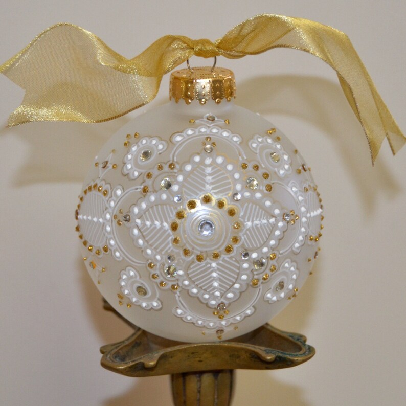 Handpainted Glass Ornament Frosted White Bulb with Gold Etsy