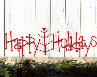 Happy Holidays Metal Sign with Christmas Tree - Red, 20x6.5, Christmas Tree, Outdoor Wall Art, Holiday Decor, Christmas