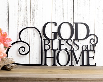 God Bless Our Home Metal Sign, Heart, Religious Decor, Spritual Decor, Religious Wall Art, Word Art, Wall Hanging