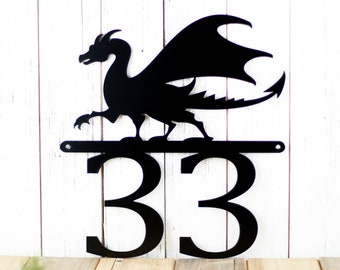 Metal House Number Plaque, Dragon Wall Art, Address Sign, Medieval Decor, Personalized Housewarming Gift